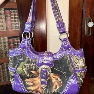 Kathy Van Zeeland Purple and Camouflage Shoulder Bag